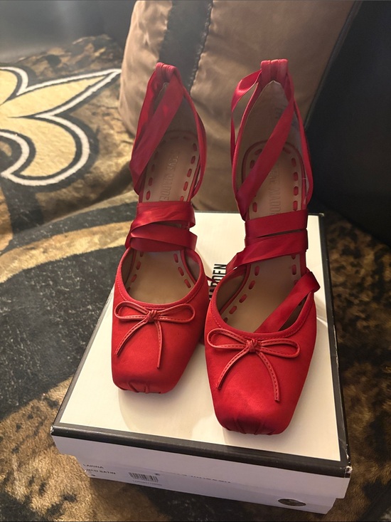 Steve Madden Shoes - Steve Madden Red Satin Ankle Tie Ballet Pumps